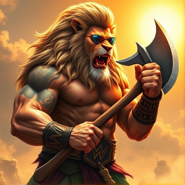 Un Lion barbare dieux du soleil une hache, avec des poils de lion et une carrure imposante et avec la ceinture de la wwe le catcheur et ces lunettes de soleil, il a un tatoo sur le bras écris YEAH!