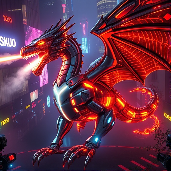 cybernetic dragon, its sleek, reflective metallic scales mirroring the vibrant neon lights of the cityscape. The acronym "AUO" stands prominently on its chest, casting an intense, fiery glow that pulses with raw energy and illuminates the complex network of circuitry etched into its hide. Digital smoke curls from the creature's nostrils as it emits a thunderous roar, unveiling fangs charged with electrical energy. The dragon is armored in advanced plating along its limbs and massive wings; each segment edged with luminescent tracers that outline their formidable shapes. At the end of its serpentine tail, a blade-like appendage gleams ominously. Its eyes are like twin lasers cutting through the night, searching for prey in the urban jungle below—a subtle nod to the blue and yellow of the Ukrainian flag adorns its form as a mark of respect and solidarity