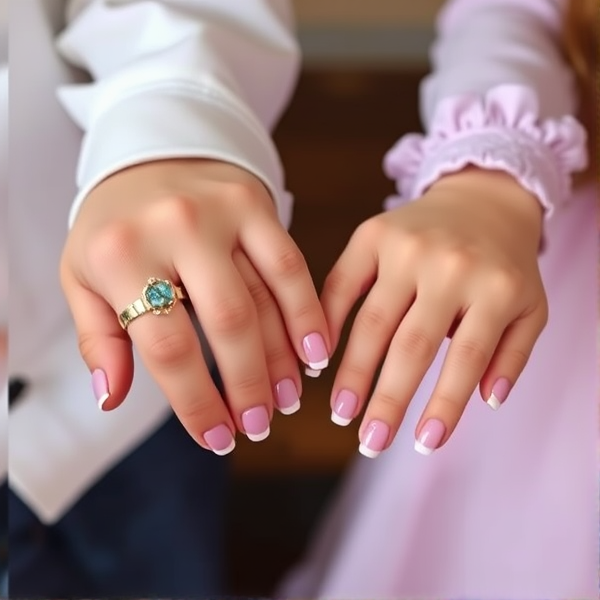 boy with piano ring and girl with lavender french tip nails holding hands