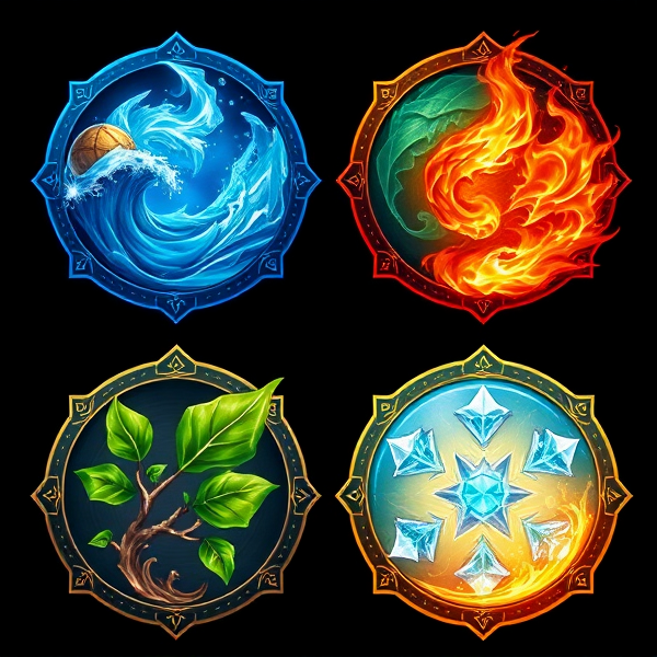 Create rpg skill icons for an elementalist class, each icon should be highly detailed and embody the essence of its elemental power. Include a fiery icon with flames and molten lava for fire skills, a blue watery icon with waves and bubbles for water skills, a green leafy icon with vines and earth elements for earth skills, and a light blue icy icon with snowflakes and icicles for ice skills. Make sure to incorporate mystical runes or symbols that signify magical abilities within the border or background of each icon. Use vibrant colors to distinguish each element clearly. The style should be semi-realistic and suitable for high fantasy game aesthetics
