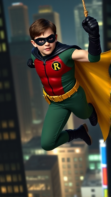 Movie Scene: A medium, preteen 12-year old boy with light skin and dark brown hair named Connor Bardley, but dressed as Robin, The Boy Wonder, with an extremely muscular body, a sleek green suit with a red torso with a black circle with a yellow R symbol on his left pectoral, a gold utility belt, black boots, black long-cuffed gloves, a big, heel-length, ultra-wide cape that's black on the outside and yellow on the inside, and a black eye mask, swinging from a rope clutched in his left hand through the city at night, ready to fight crime and save the day.