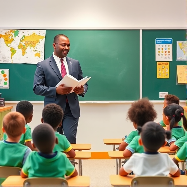 Directeur d'école afro-américain debout tenant un classeur ouvert dans ses mains portant un costume formel, dans une salle de classe avec un tableau vert, s'adressant  à un groupe d'élèves afro-américaines attentives de huit ans assises à leurs pupitres. Ils sont entourés de matériel pédagogique adapté à leur âge, comme des cartes géographiques, des affiches éducatives et des dessins d'enfants accrochés aux murs. La scène dégage une atmosphère chaleureuse et encourageante.