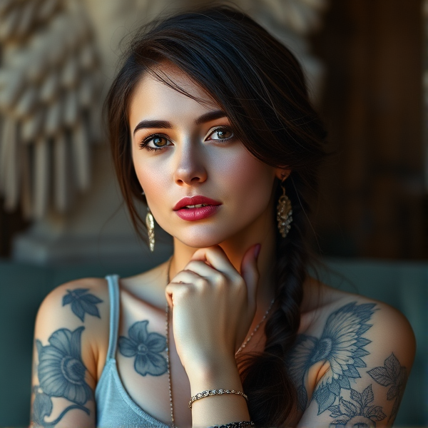 19 year old girl. brunette. tattoos. jewelry