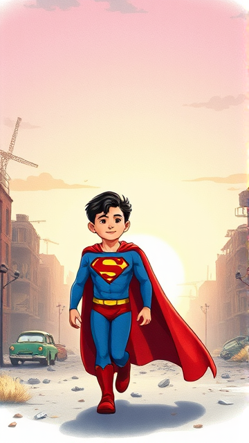 1990's Movie Scene: Jon Kent, AKA Superboy, the young little 12-year old super son of Superman, and the first kid to be born as the world's first Half-Kryptonian child. Despite still being a kid, he has all of his father's powers, with an extremely muscular body, the iconic costume, the singular curled bang sticking out at the front of his flat and smooth black hair, and a long cape. The young Half-Kryptonian, Jon Kent, now Superboy, is currently walking through an abandoned city, searching for survivors to rescue.