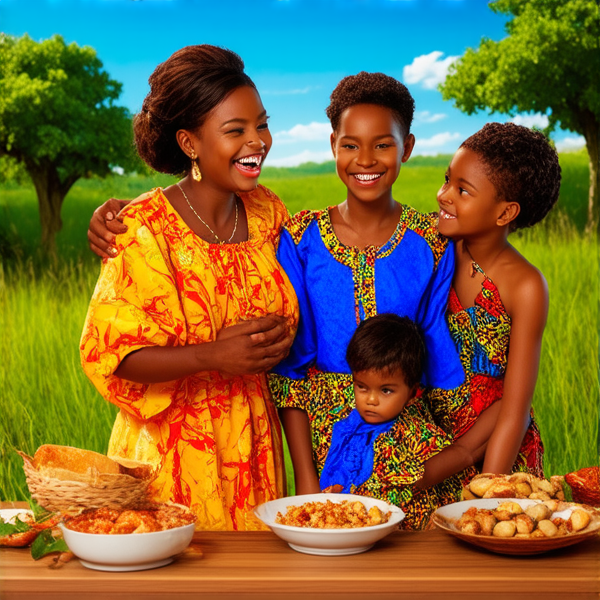 Famille nombreuse souriante réunie autour d'une table rustique en bois garnie de plats traditionnels africains, sous un ciel bleu dans un cadre champêtre avec des arbres et une végétation luxuriante, portant des vêtements africains colorés et variés, échangeant des rires et des conversations chaleureuses