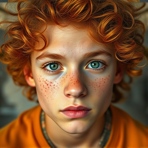 A teen boy with olive skin, freckles the color of ambers, ginger curly hair, green doe eyes, very round facial features