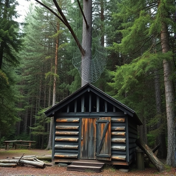 A spruce rainforest  with a small rusty wooden shack with a big spider web above it