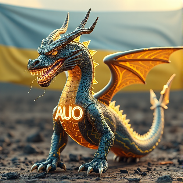 An intricately designed, streamlined dragon bearing the vivid acronym "AUO" on its chest in a radiant, luminous font that casts an electric glow, emanating waves of intense energy. The dragon's scales are a masterpiece of detailed circuit patterns that shimmer with a lifelike electrical pulse. From its nostrils, ethereal streams of digital smoke curl upwards, timed with the deep, resonant roars that showcase its electrified sharp fangs. As a respectful nod to tribute and unity, incorporate elements of the Ukrainian flag within the composition. This majestic creature resides in a desolate post-apocalyptic landscape that accentuates its powerful presence. In the background is the Ukrainian flag.
