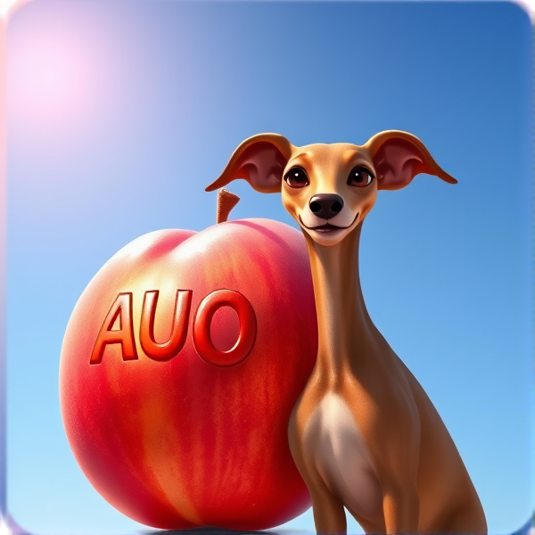 A luscious, oversized peach with the letters "AUO" branded vividly on its sun-kissed, velvety skin. Beside it stands an elegant brown Italian greyhound with a glossy coat and refined posture, ears perked attentively. Both are set against a vibrant clear blue sky backdrop, accentuated by the gentle radiance of the afternoon sun