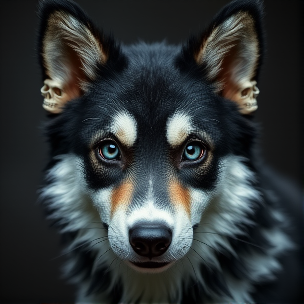 Make me a dog fursuit oc with black, gray and white pattern. Gray eyes and white eyebrows. Has a skull on its ear & on its back. Nose is black with a white and grey spot.