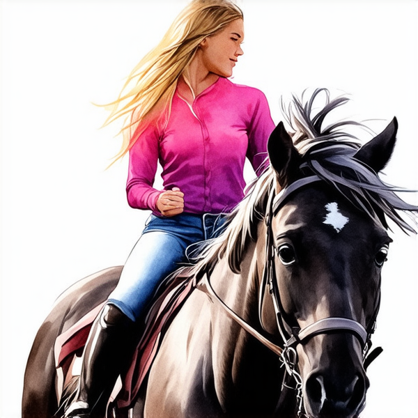 Aquarelle dynamique et détaillée : Femme de profil, représentée en entier, avec des cheveux rose fuchsia ombrés en blond platine à la racine, tressés soigneusement. Elle monte un cheval au galop plein d'énergie. La cavalière est vêtue d'un jean bien ajusté et affiche une posture élégante sur le cheval. L'arrière-plan est flou pour donner l'impression de mouvement rapide, mais la femme et le cheval sont peints avec précision et clarté.