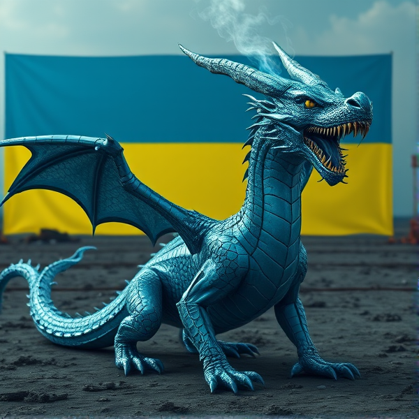 An intricately designed, streamlined wyvern, with a wing on each side of its body. The dragon's scales are a masterpiece of detailed circuit patterns that shimmer with a lifelike electrical pulse. From its nostrils, ethereal streams of digital smoke curl upwards, timed with the deep, resonant roars that showcase its electrified sharp fangs. As a respectful nod to tribute and unity, incorporate elements of the Ukrainian flag within the composition. This majestic creature resides in a desolate post-apocalyptic landscape that accentuates its powerful presence. In the background is the Ukrainian flag, a rectangle, with the top half blue and the bottom half yellow.