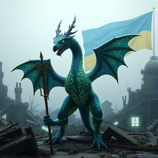 An exquisitely crafted wyvern, sleek and aerodynamic, with a pair of majestic wings adorning either side of its sinewy frame. Its scales are a marvel of complexity, akin to miniature circuit boards with interwoven lines that pulsate with an artificial glow, simulating the rhythmic beat of life. Plumes of digital smoke waft from its nostrils in sync with the deep, vibrating growls that reveal razor-sharp fangs aglow with electrical energy. Clutched in its clawed hand is a Caduceus staff, symbolizing healing and commerce. To honor cultural heritage and solidarity, elements reflective of the Ukrainian flag's blue and yellow hues are weaved into the creature's design. The wyvern stands dominant against a backdrop of stark ruin and decay characteristic of a world after collapse; in the distance unfurls the Ukrainian flag—halved horizontally, celestial blue atop vibrant yellow.