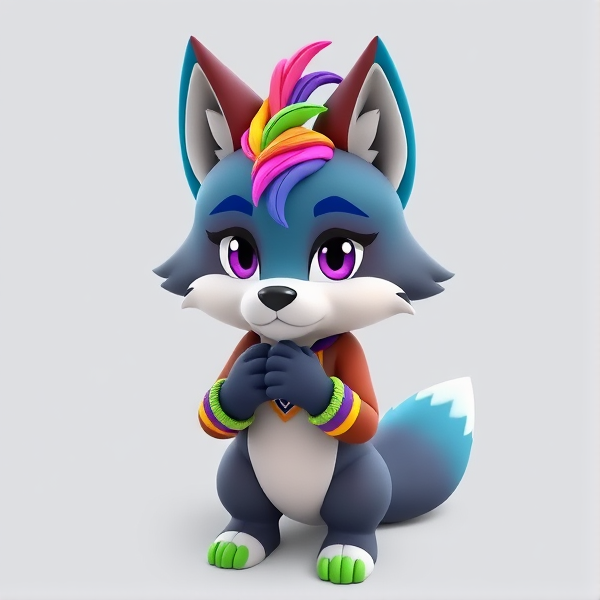 Unique fursona cat dog fox wolf blue and purple and brown furry with scenecore gloves and rainbow hair tuft, brightly coloured bracelets over the hands. Green paw pads