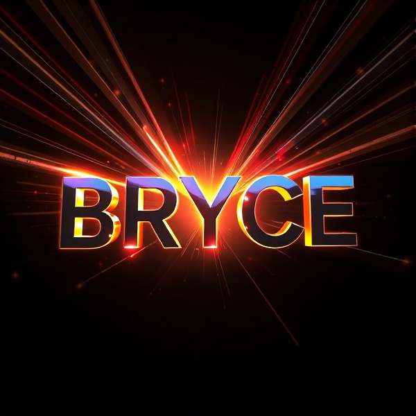 Create a visually arresting 3D logo for "BRYCE" that exudes ultra-modern, sleek design elements with bold sans-serif typography which dynamically bursts forth from a pitch-black background. Infuse the artwork with electrifying light beams inspired by the Capcut app icon's luminosity, casting profound shadows and creating striking highlights across the logo's contours. Incorporate a fusion of cutting-edge curves, crisp edges, and fluid lines to convey both rapidity and elegance. The logo should be enveloped in a metallic skin exhibiting a lustrous, mirror-like finish to dramatically bounce off light, imbuing it with an essence of vigorous motion. Draw upon Pixar's hallmark of incisive imagery and pronounced geometric shapes, injecting the tableau with a lively color spectrum and polished surfaces for additional depth. Utilize rendering techniques paralleling Unreal Engine's hyper-realism and Octane Renderer's ray tracing capabilities to achieve mesmerizing reflections, alongside V-Ray's sophisticated lighting effects to accentuate the mood. Strive for an overwhelmingly surreal visual spectacle that flirts with sci-fi elements, deliberately exaggerating every aspect for maximal impact. This creation ought to be perceived as audaciously lavish, overtly eschewing any inclination towards subtlety or minimalism.