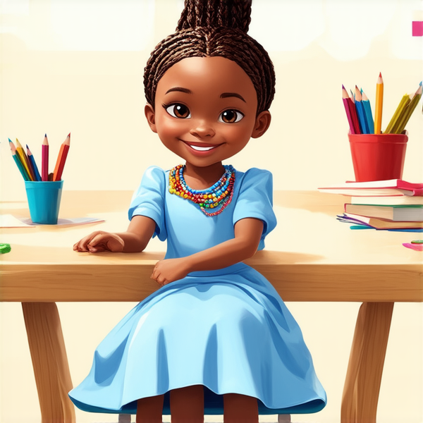 Jeune fille africaine de 8 ans vêtue d'une robe bleu ciel, coiffée de tresses africaines complexes avec des perles colorées, affichant un large sourire éclatant, assise sur une chaise d'écolier face à un bureau en bois clair, dans une salle de classe ensoleillée et bien éclairée, avec des fournitures scolaires et des dessins d'enfants visibles en arrière-plan