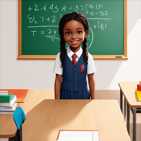 jeune fille noire de 10 ans, vêtue d'un uniforme scolaire des tresses africaines, debout souriante et concentrée devant un tableau noir rempli de calcul mathématique dans une salle de classe ensoleillée et colorée avec des bureaux en bois et des affiches éducatives sur les murs