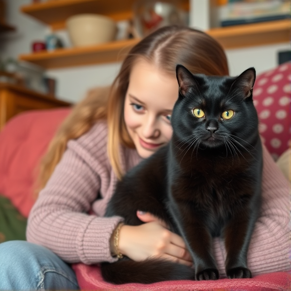 Chunky black cat and a Scandinavian girl
