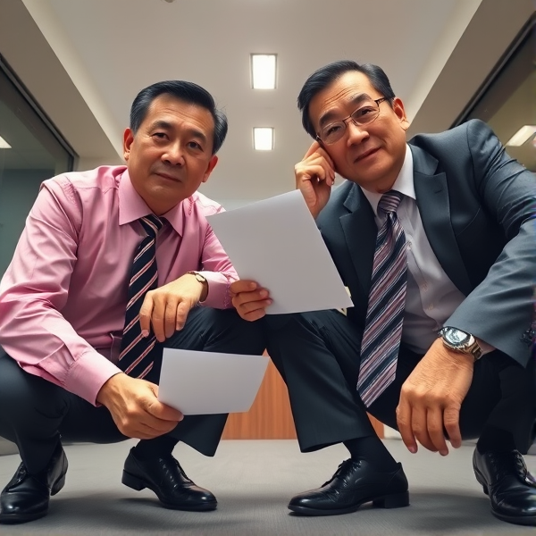 Deux hommes d affaires japonais senior accroupis qui regardent la caméra 
Chemise rose foncée et longue cravate rayée large. Obéir aux businessmen aux doigts et à l’œil est un must 

Vue contre-plongée
