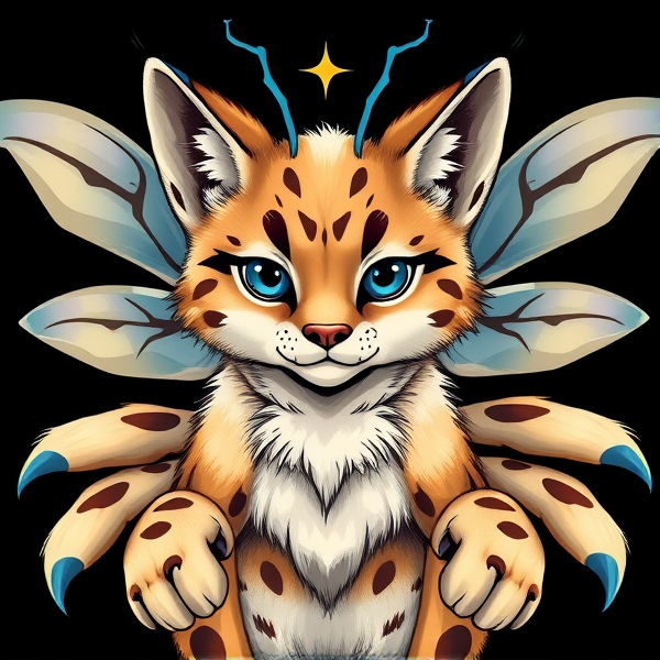 Lynx beige fursona furry with brown and blue markings and blue ears, star blue antennae with bug wings and 4 arms.