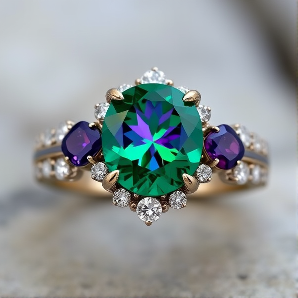 Design an fairytale-inspired engagement ring with alexandrite for the center stone, surrounded by amethyst and diamond accent gems