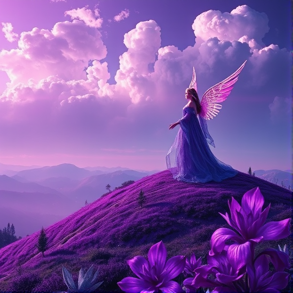 A vividly purple planet with intricate, swirling violet and lavender patterns across its surface, illuminated by a soft purple hue. A majestic purple angel with delicate, gossamer wings that shimmer in shades of lilac and amethyst stands atop a hill, her flowing robes adorned with intricate, ethereal patterns. The ground is peppered with exotic, luminescent purple plants that emit a gentle glow, casting an otherworldly light on their surroundings. Above, the sky boasts billowy clouds that pulse with a subtle green radiance, undulating gently like waves in an ocean of air.