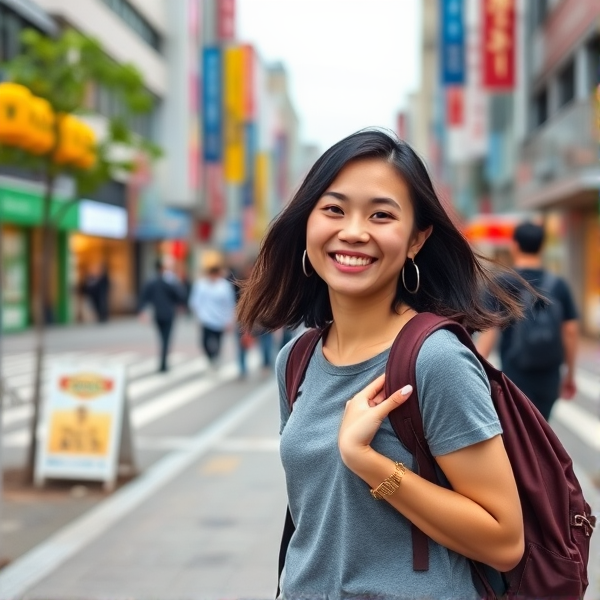 Jeune femme métisse mince souriante marchant sur trottoir dans la ville de Tokyo avec un sac à dos