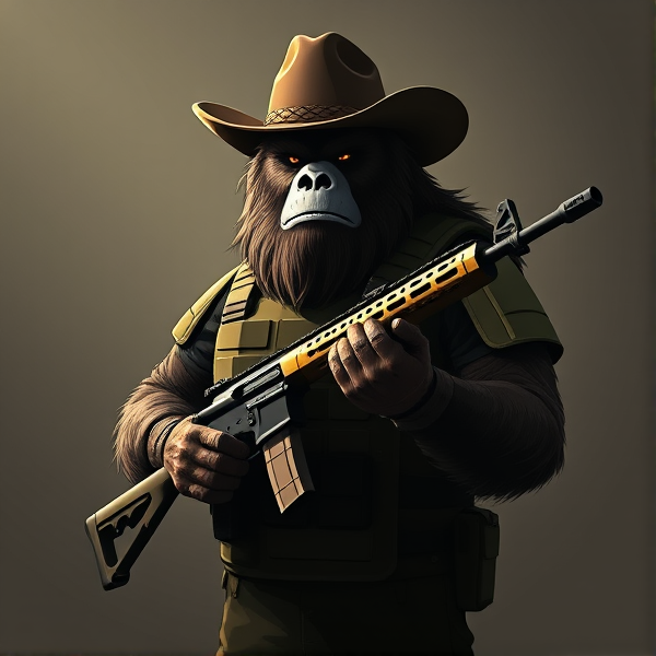 Tactical body armor Sasquatch holding a rifle wearing a cowboy hat