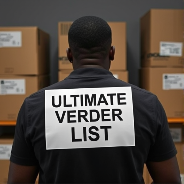 Black guy with boxes in the back ground . paper that says ultimate verified vendor list