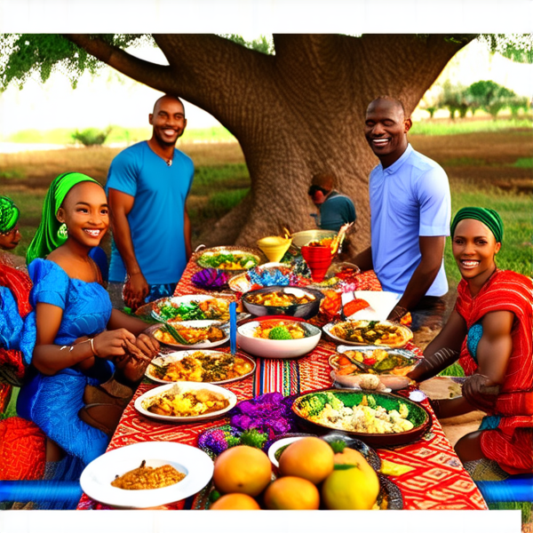 Un grand repas de famille traditionnel en plein air sous un baobab en Afrique, avec des plats locaux colorés et variés, des fruits exotiques, une grande nappe colorée, des hommes et femmes africains vêtus de tenues traditionnelles multicolores souriants et partageant un moment convivial