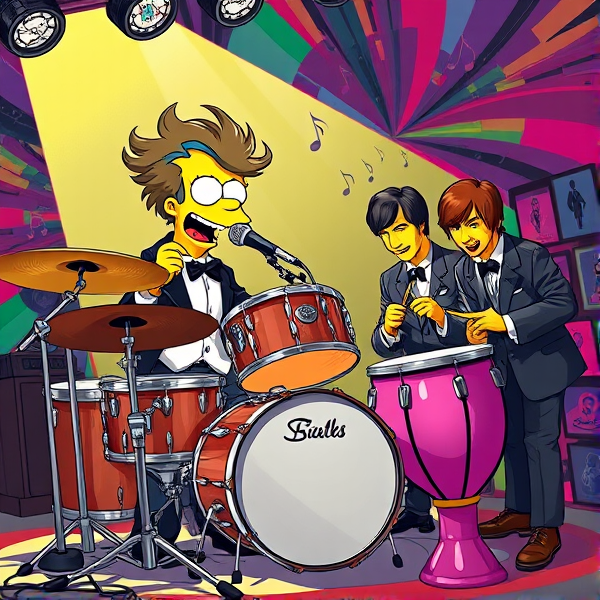 Marge Simpson energetically playing an elaborate drum set, her hair bouncing to the rhythm, amidst a kaleidoscopic, psychedelic background swirling with vivid colors and musical notes. Michael Jackson intensely delivering vocals into a classic 1930s style microphone, dressed in his iconic black and white ensemble complete with sequined glove, fedora, and shiny loafers on a spotlight-illuminated stage. The Beatles closely huddled together, joyfully tapping on an assortment of bongos and congas reflecting their quintessential 1960s looks with mop-top haircuts, tailored suits, and Chelsea boots within a groovy studio setting adorned with memorabilia from the Sgt. Pepper's era