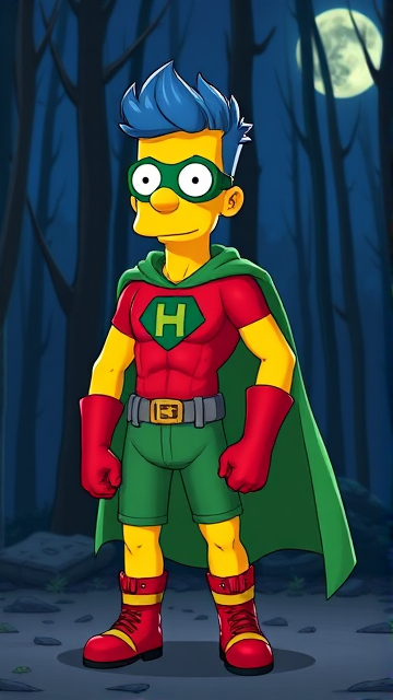 Milhouse Van Houten from The Simpsons, with his yellow skin, really big round nose, and blue hair that's slicked back and curled up at the top, but as a tall, 18-year old teenager, dressed as a parody of Robin, The Boy Wonder, with an extremely muscular torso and arms, a green bodysuit with a red torso adorned with a green H symbol on his chest, a grey utility belt, red boots, red long-cuffed gloves, a big, heel-length long, ultra-wide green cape, and a green eye mask with optical lenses in it, now known as Houseboy, The Nerd Wonder, the other half of Springfield's Dynamic Duo, and one of the greatest vigilante superheroes ever known in Springfield. He is currently standing in the forest at night, taking a break from his heroic duties to reflect on his growth and transformation into the vigilante he has become.