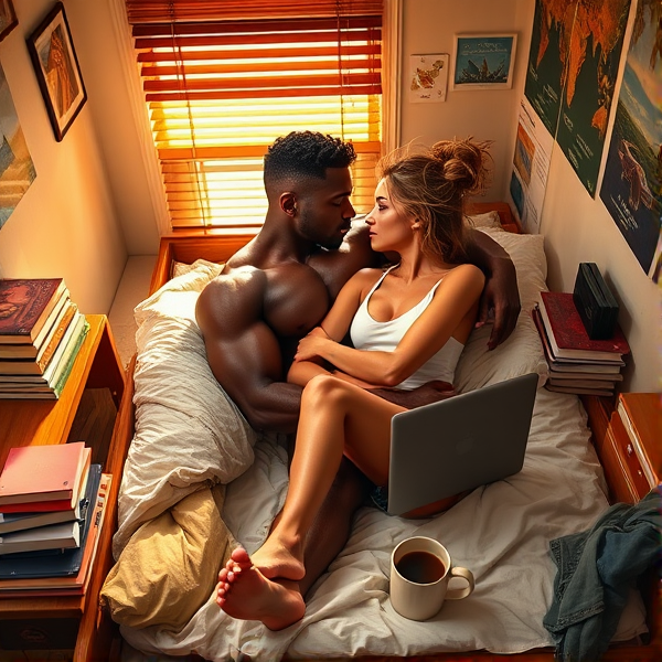 A post-intimate moment in a college dorm room, with a young couple laying down and sharing a narrow bed amid crumpled sheets. The male, a model of athleticism with an ebony complexion and chiseled features reminiscent of an ancient Olympian deity, is highlighted by the amber sunlight filtering through partially opened window blinds. His muscular arms embrace his partner tenderly. 

The tan-skinned female, with golden hair and a lithe, athletic build, rests her head on his chest while her arms encircle him. Both display glistening skin from recent intense passion. Morning light imbues her disheveled hair with a soft radiance.

They are wrapped in an intimate pose under tousled bedding that is provocatively placed, suggesting the fervor of their love. They exchange looks filled with desire; she playfully bites her lip as he returns her gaze with eyes full of silent promises.

The room reflects their student life: precarious stacks of textbooks and a desk strewn with study materials, walls adorned with posters symbolizing intellectual pursuits and wanderlust, mismatched furniture, and a cozy rug. Discarded clothes on the floor and bed indicate urgency their sensual connection required just now. There are two coffee mugs—one bearing the chips of frequent use—and open laptops hint at scholarly dedication intermittently surrendered to their lustful connection.

The scene captures their intellectual compatibility entwined with primal attraction—an amalgam of respect, understanding, and physical magnetism that resonates in every gesture.