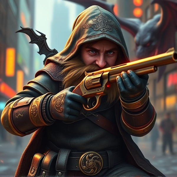 A gnome gunslinger set in dungeons and dragons . He has a hood and a short brown beard. He is a badass. Wearing a mixture of leather and metal armor. His rifle is Western style revolver rifle with complex engravings that glow as of they are magic. The barrel of his rifle is long. He is wearing pauldrons. And he is battle worn
He is in combat with a demon