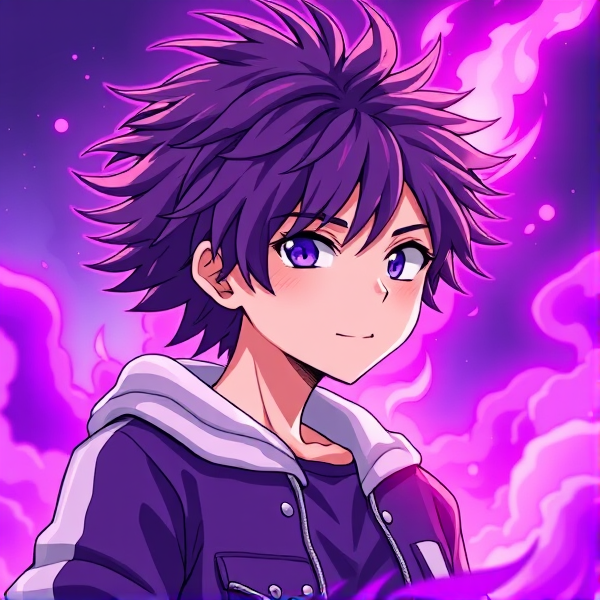 My hero academia oc. Purple fluffy hair. Varsity jacket. Purple fire quirk