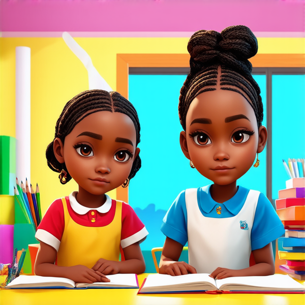 deux fillettes africaines de huit ans aux tresses africaine assises côte à côte, concentrées sur leurs livres de leçons posés devant elles sur une table éclairée, dans une chambre lumineuse et colorée, avec des fournitures scolaires éparpillées autour