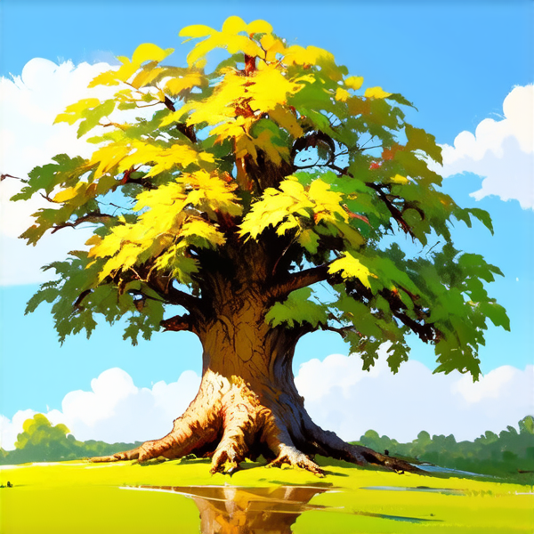 majestueux chêne centenaire aux feuilles vertes luxuriantes, éclairé par une douce lumière dorée du matin, ciel bleu clair en arrière-plan avec quelques nuages légers