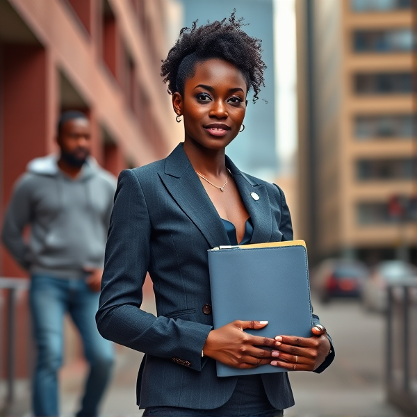 young African woman dressed in a stylish business suit, confidently holding a binder in her hands against an urban backdrop with a man behind her with jean and sweat shirt