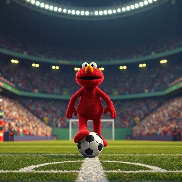 Elmo standing across form a soccer ball at the penalty line ready to take a free kick, there are thousands of people in the stands watching the free kick with sponge bob as the goalie