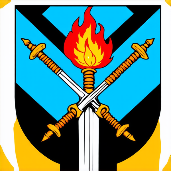 Trois épées croisées en leur centre et représentant chacune un élément, une de feu, une de terre, et une de vent . L'épée du milieu représentant l'élément du feu est placée verticalement. L'épée représentant l'element de la terre de manière féminine, elle est placée avec un angle 315 degrés par rapport à l'épée verticale représentant le feu. L'épée représentant l'élément du vent est placée 45 degrés par rapport à l'épée verticale représentant l'element du feu. Les épées sont de style médiéval européen et ont leur pommeau vers le haut. L'image doit être réaliste.