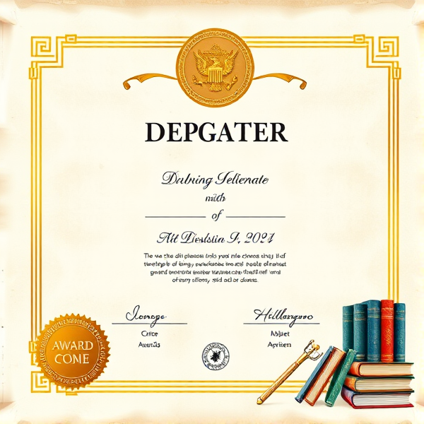 Prompt: Diplôme de doctorat élégant avec des bordures dorées sophistiquées, un sceau officiel en relief, une typographie classique et claire sur un fond en parchemin texturé, le tout présenté dans un cadre académique avec des livres et des symboles éducatifs