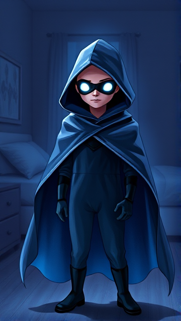 A little 12-year old boy hero named Connor Bardley, but transformed into a mysterious blackened and shadowy figure with superpowers, powerful magic, and ghostly abilities wreathed and concealed in a big blue hooded cape draped around his obscured body, calling himself The Phantom, a mysterious superhero devoted to defending the mortal world from all manner of supernatural evil, and is the most powerful ghost hunter on the planet. His face is magically kept hidden in the shadows, with the only thing visible being a pair of glowing, eerie white eyes, and no matter how much light shines on him, his features always stay shrouded in the darkness of his cape, and his hood stays magically adhered on his head and cannot be removed by anyone or anything, which helps protect his true identity in this form. The young heroic cloaked figure is seen standing in his bedroom at night, his transformation complete, and is now ready for action.