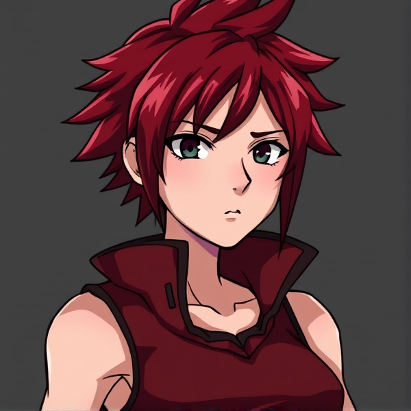 My hero academia oc. Female. Red hair.Black eyes. magic quirk. Hair is short and spikey at the end. Sleeveless vest top.