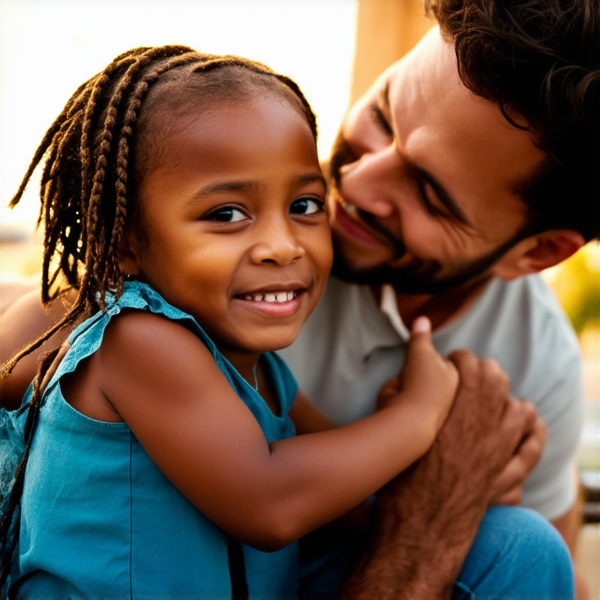 An 8-year-old African girl with intricate traditional braided hair, sitting comfortably on her mother's lap, both exuding a warm and nurturing atmosphere. The mother is depicted as loving and protective, embracing her daughter in a cozy, homelike setting and there are his father also with her