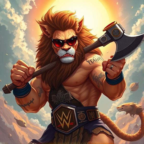 Un Lion barbare dieux du soleil une hache, avec des poils de lion et une carrure imposante et avec la ceinture de la wwe le catcheur et ces lunettes de soleil, il a un tatoo sur le bras écris YEAH!
