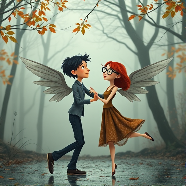 Black haired Caucasian male cartoon angel and red haired Caucasian female cartoon angel wearing glasses, dance together in a rainy foggy Autumn forest in the style of Coraline