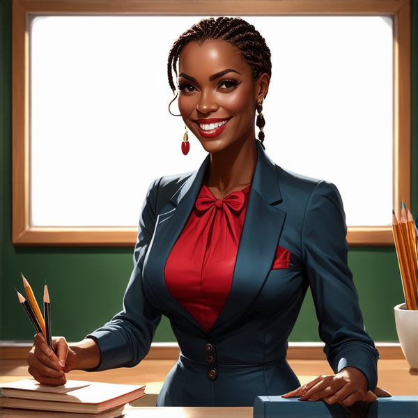 Une institutrice africaine élégante de 50 ans avec des tresses africaines traditionnelles, vêtue d'un uniforme se tient debout devant un tableau noir dans une salle de classe lumineuse et bien rangée, souriante et prête à enseigner. Elle est entourée d'élèves noirs âgés de 10 ans et de fournitures scolaires typiques comme des livres, des cahiers et des crayons, accentuant son rôle d'éducatrice.