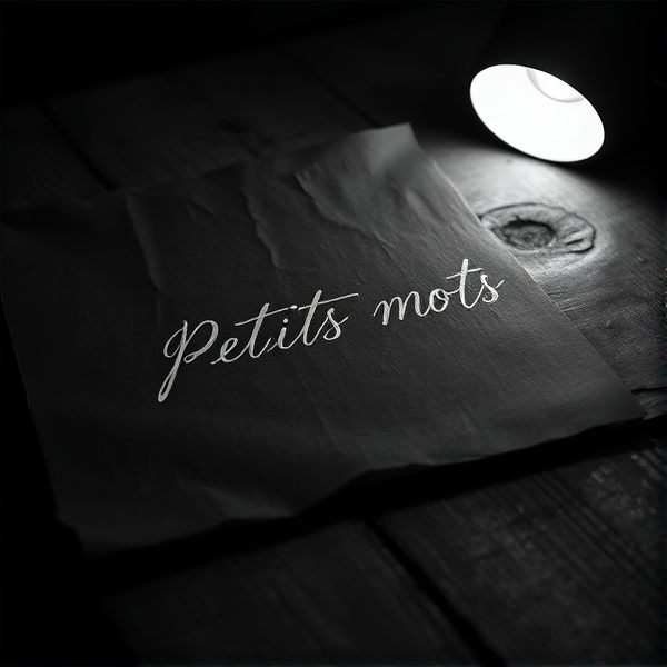 Une feuille épaisse et texturée de couleur sombre repose sur une table en bois ancienne, mise en valeur par un éclairage dramatique d'une lumière blanche provenant du côté, créant un jeu d'ombre et de lumière contrasté. Les mots délicatement inscrits sur la feuille avec une écriture cursive élégante et fine sont illuminés par cette lumière, ressortant clairement contre l'obscurité ambiante. L'ambiance générale de l'image est intime et chaleureuse, malgré le choix du noir et blanc qui renforce l'esthétique vintage et le sentiment de nostalgie. La phrase est PETITS MOTS