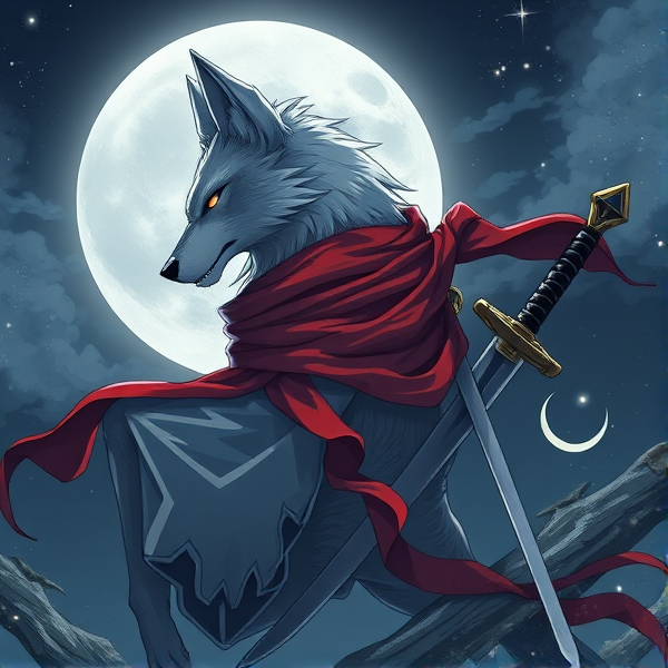 Loup roublard maitre de la lune avec un écharpe rouge autours du cou et avec deux épées dans le dos