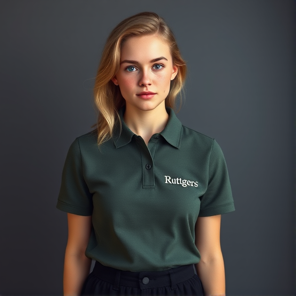 Photorealistic portrait of a young, blonde 19-year-old female with bright blue eyes and a smattering of light freckles across her cheeks, standing in a direct front-facing stance. Her hair is softly styled in a natural way. She wears a dark green-gray polo shirt with subtle white embroidery spelling "Ruttgers" on the left chest area, paired with a chic black mini skirt. The image should capture the essence of youthful grace and simplicity without relying on vivid color schemes or cosmetic enhancements.